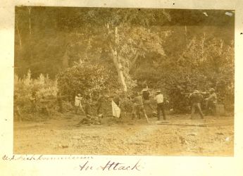 An Attack. The men on the left appear to be Wintu Indians, and the men on the right to be from the U.S. Fish Commission. The subjects would have had to have stood very still for a long time to have produced such a clear picture; the photograph was clearly staged for the benefit of the photographer. However, similar confrontations were a very real phenomenon, especially in the early years of the U.S. Fish Commission's presence on the McCloud. Stone and his crew were threatened several times and other would-be settlers were killed by the Wintu as late as 1873.Photo courtesy of Becky McCue, granddaughter of Livingston Stone.