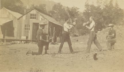 Boxing was as good a way to pass the time as any on the McCloud. Nothing was written on the back of this photo. It appears to have been taken at the main U.S. Fish Commission. Livingston Stone is visible sitting down in the background and the boxer on the left appears to be Loren Greene, one of Stone's first assistants.The photo is courtesy of Becky McCue, granddaughter of Livingston Stone.