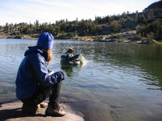 Seasonal employees of the California Department of Fish and Game and the U.S. Forest Service remove fish from gillnets in a high Sierra lake.Photo by Anders Halverson