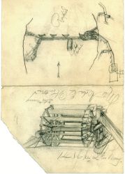 This drawing of a dam and water wheel was likely sketched by Stone or one of the other U.S. Fish Commission crewmembers on the McCloud. It looks like it might represent the dam and wheel in this photo.Courtesy of Becky McCue, granddaughter of Livingston Stone.