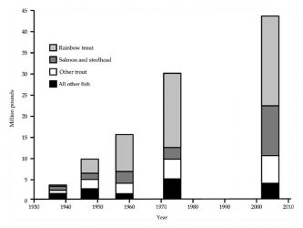 State and federal agencies increased both the number and size of the fish they produced over the course of the twentieth century. By 2004, these agencies were stocking more than 40 million pounds of fish in the freshwaters of the United States every year, close to half of which were rainbow trout.From: Halverson, MA. 2008. Stocking Trends: A Quantitative Review of Governmental Fish Stocking in the United States, 1931-1004. Fisheries 33(2):69-75