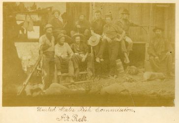 A portrait of the U.S. Fish Commission crew on the McCloud. Livingston Stone is in the back, second from left. Date and photographer unknown.
Photo courtesy of Becky McCue, granddaughter of Livingston Stone