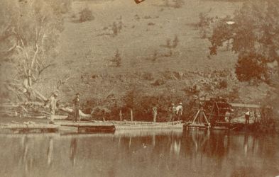 There are no notes on this picture to indicate it's date or location. The dam and water wheel were probably built on the McCloud by the U.S. Fish Commission to catch fish or supply water to the hatchery and rearing ponds.Photo courtesy of Becky McCue, Livingston Stone's granddaughter.