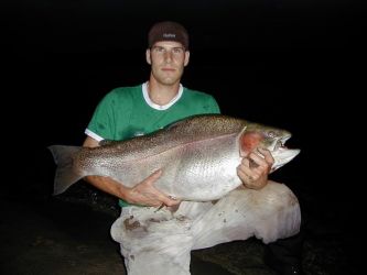 Adam Konrad caught world-record, 43-pound rainbow trout in a Saskatchewan lake. His prize probably escaped from a nearby aquaculture facility and had been manipulated to contain an extra set of chromosomes—a feature that makes such fish grow much faster and larger than normal.Photo courtesy of Otto and Adam Konrad